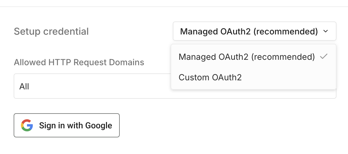n8n 凭据界面，包含“使用 Google 登录”按钮和切换到自定义 OAuth2 的下拉菜单