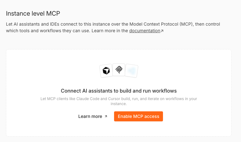 启用 MCP 访问前的实例级 MCP 页面，显示“Enable MCP access”按钮