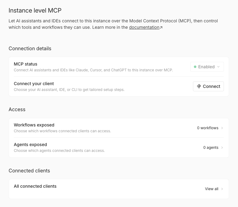 启用 MCP 访问后的实例级 MCP 页面，显示连接详情、访问和已连接客户端