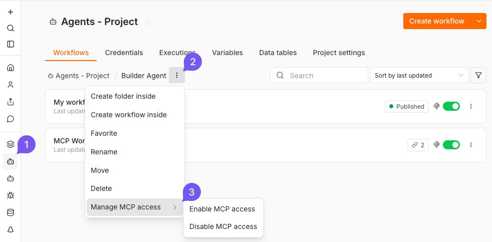 选项菜单展开 Manage MCP access，显示启用和禁用 MCP 访问选项