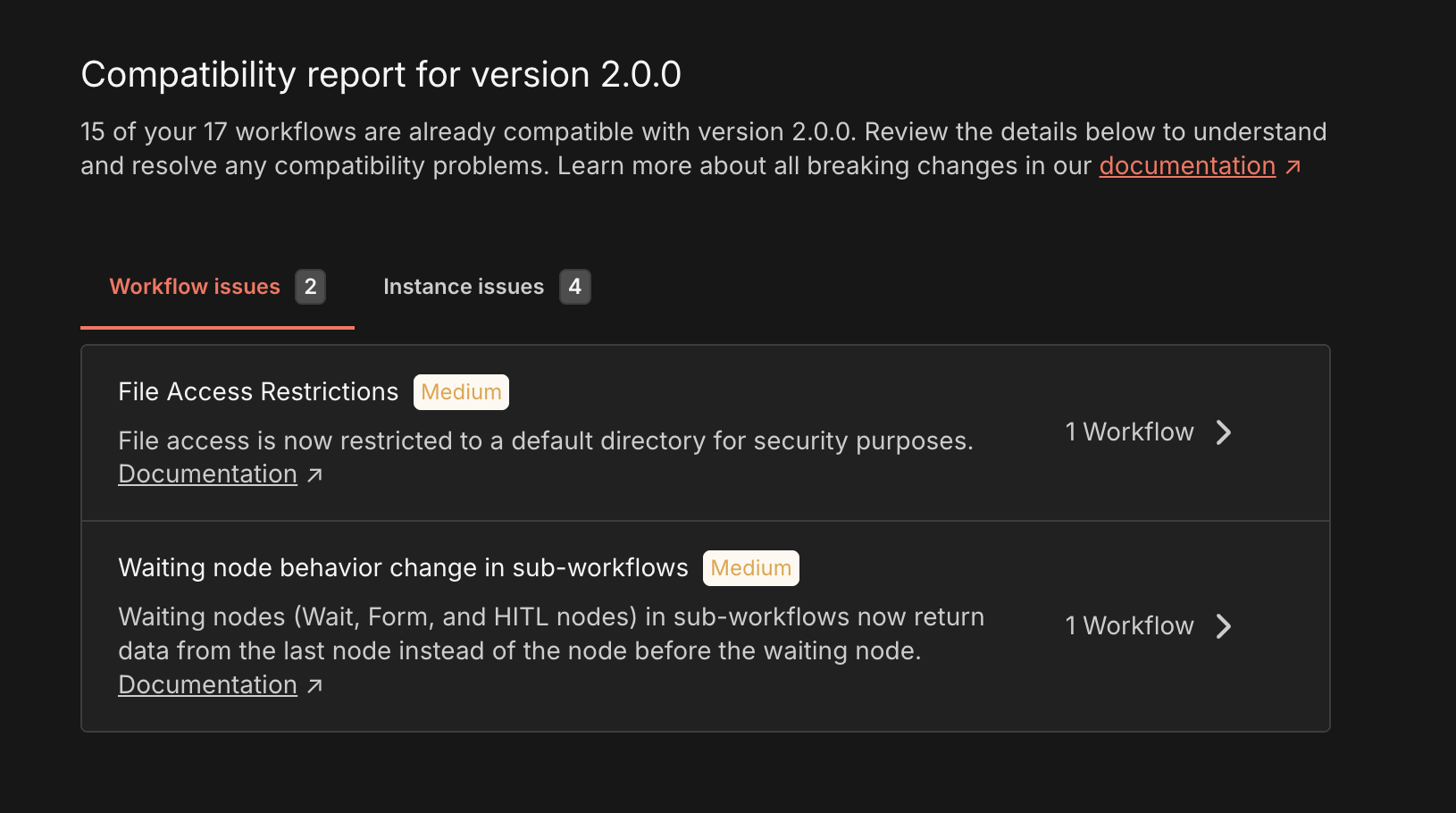 Migration compatibility report showing a workflow-compatible count and Workflow issues / Instance issues tabs