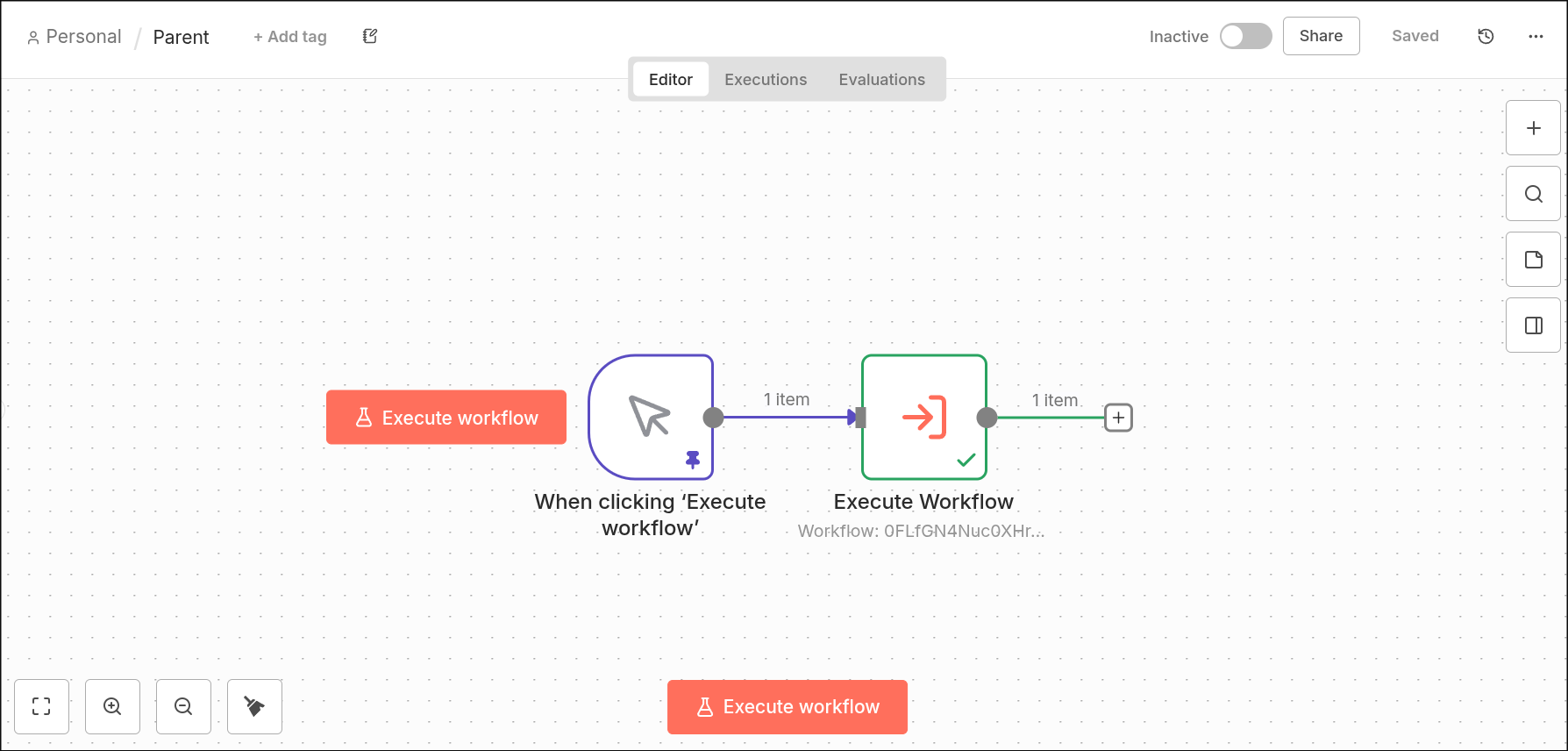 Parent workflow with a Manual Trigger connected to an Execute Workflow node