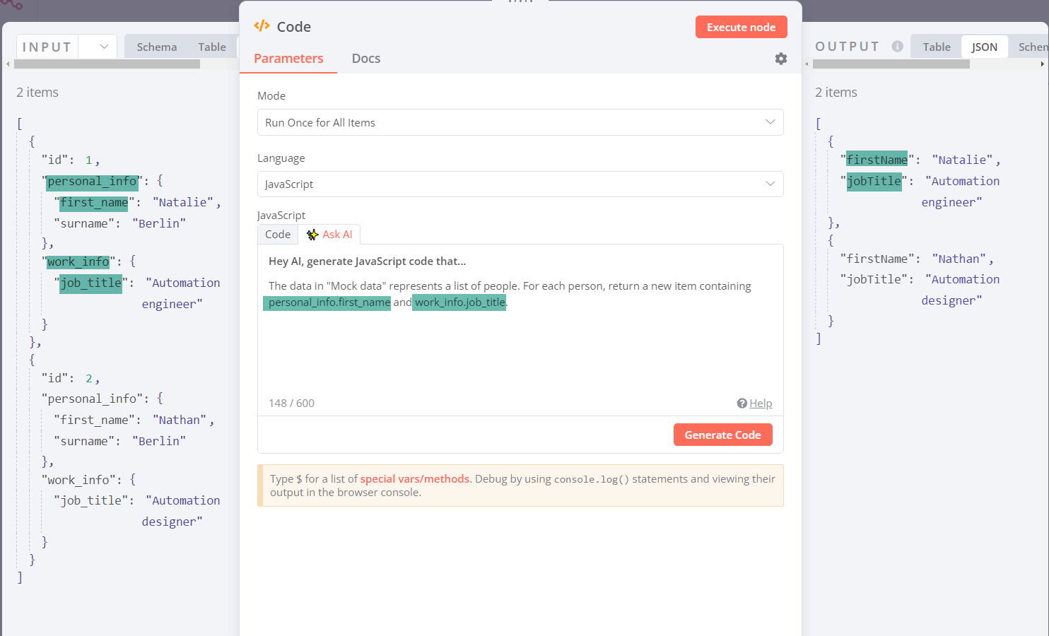Code 节点中的 AI 提示词通过 personal_info.first_name 等点表示法引用嵌套数据
