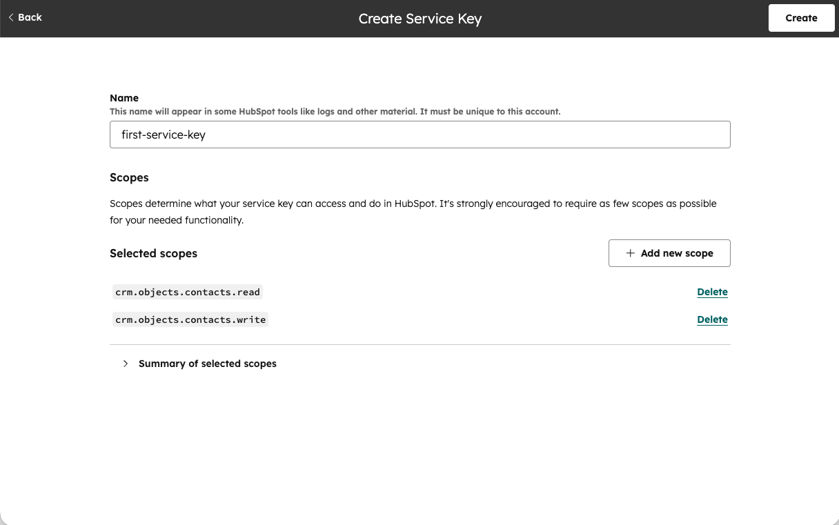 包含名称和作用域字段的 Create Service Key 表单