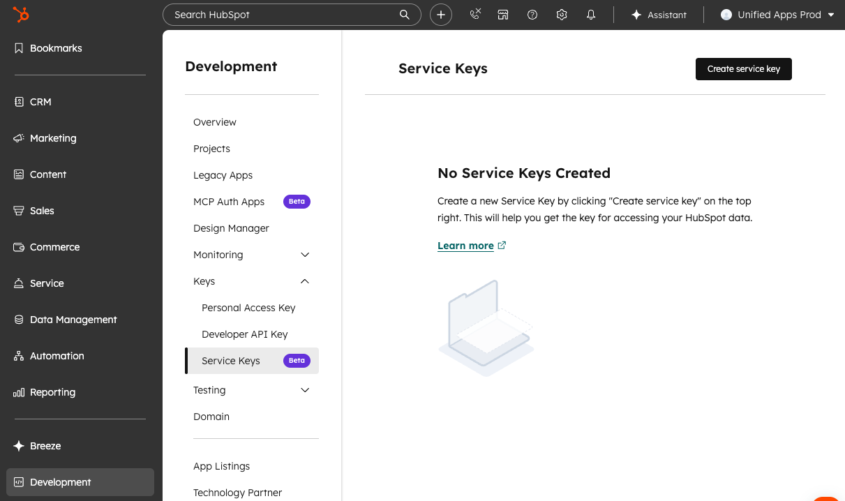 HubSpot Development 菜单中的 Service Keys 页面