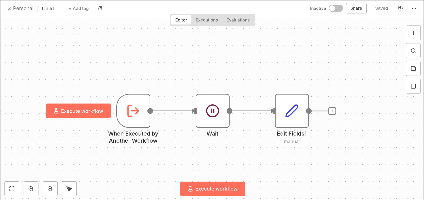 Sub-workflow triggered by Execute Workflow Trigger, running a Wait node followed by an Edit Fields node