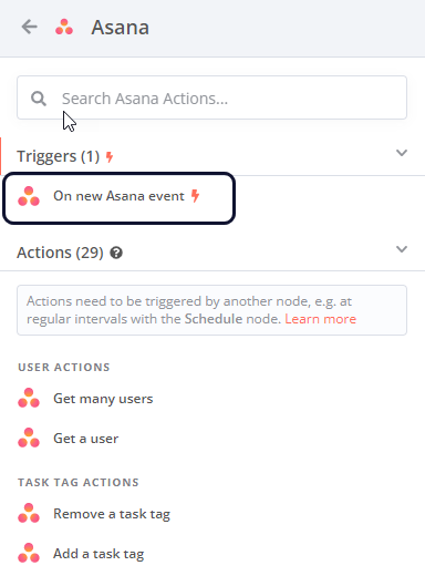 Asana 节点操作列表截图，顶部显示 Recommended（推荐）部分