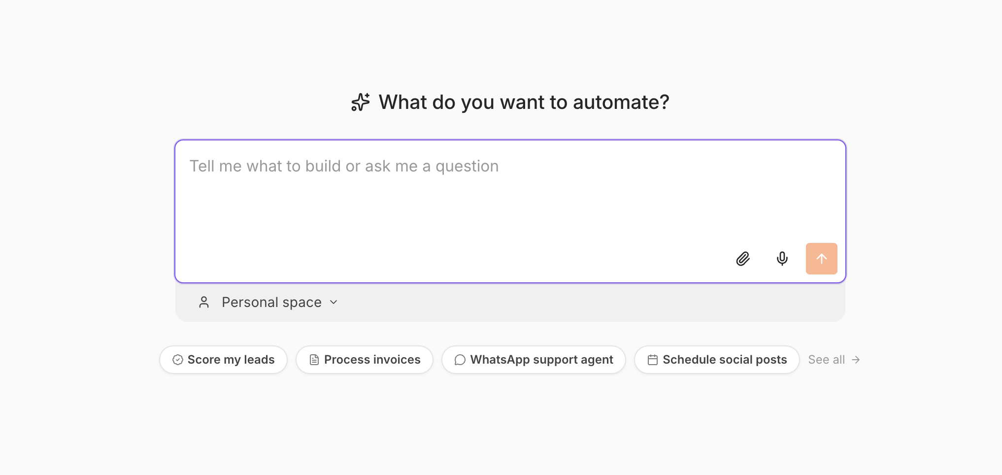The n8n Assistant entry point: a chat box asking what to automate, with suggestions like Score my leads.